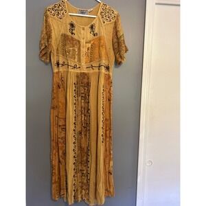 Select Vintage 90s Boho Rayon Maxi Dress Mustard Yellow Embroidered Patchwork L